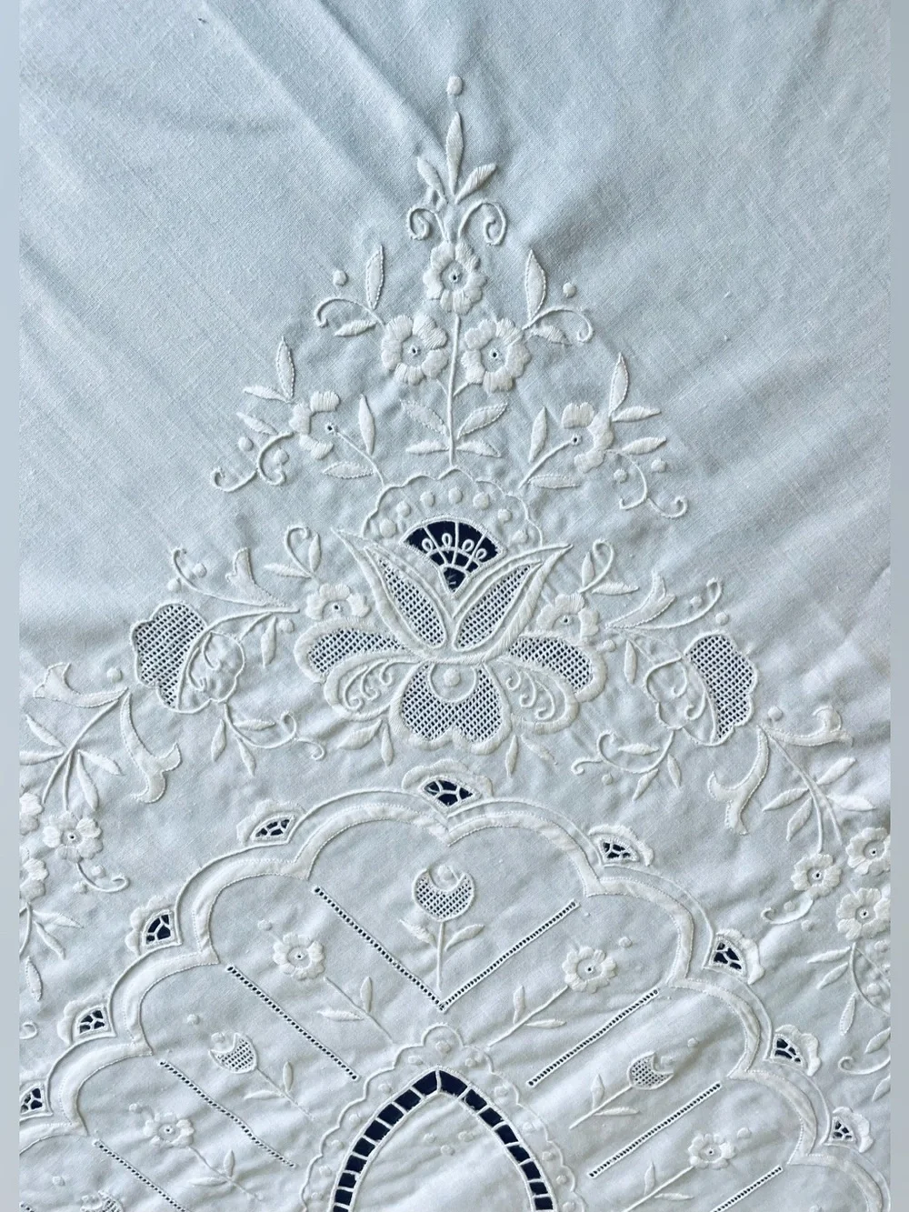 Vintage 1940’s Madeira Tablecloth Linen Hand Embroidered White Flawless 108x72